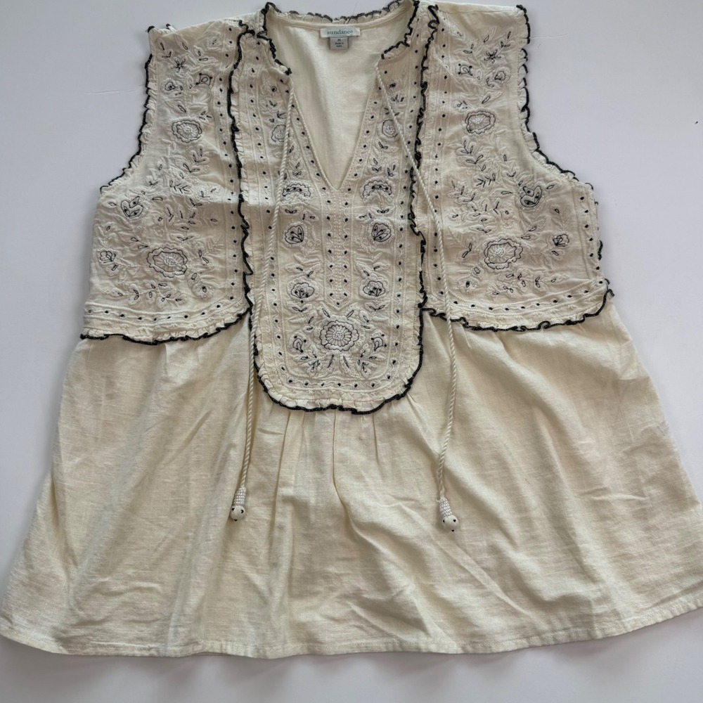 Sundance Women Ivory Floral Embroidered Beaded V-Neck Tassel Sleeveless Blouse M